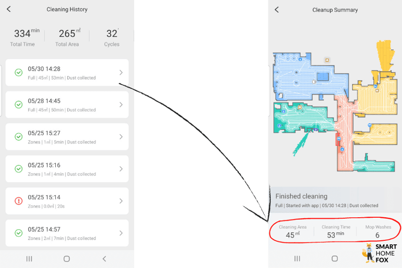 История уборки в приложении Roborock S7 MaxV Ultra App
